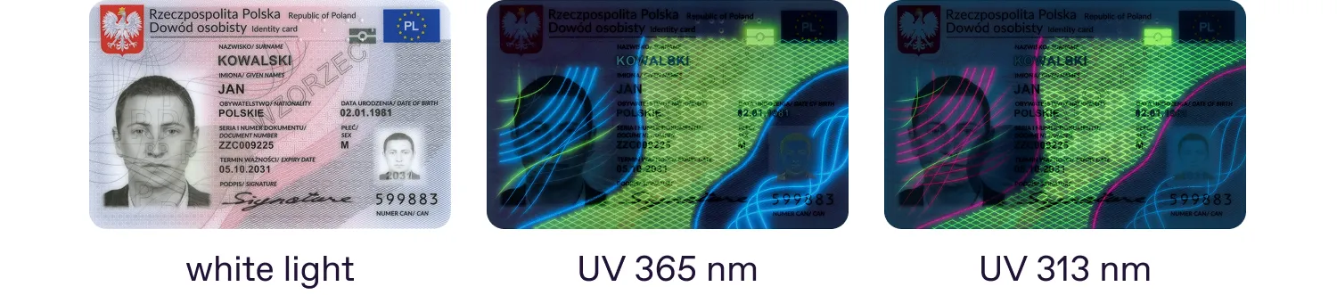 Identity card of Poland issued in 2021. Blue under UV 365 nm, pink under UV 313 nm